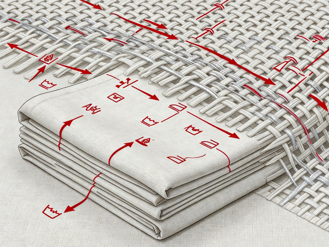 Diagrammatic folded linen and an enlarged woven structure with silver hatching and crimson care pointers.