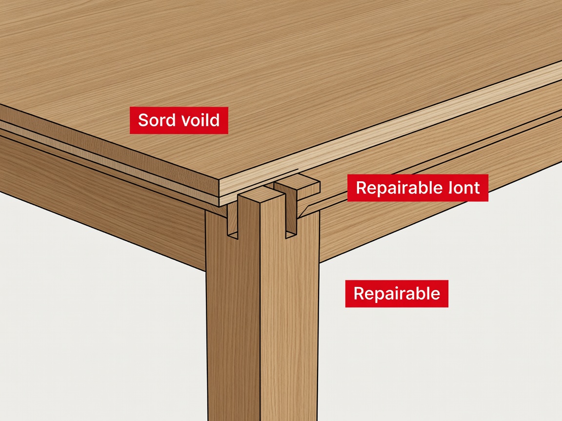 Flat timber table cutaway comparing a solid top, a veneered panel and mechanical joints, with silver hatching and crimson arrows.